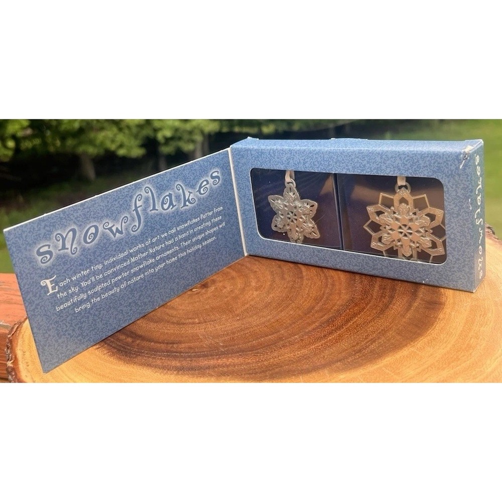 Longaberger Snowflakes Pewter Christmas Ornaments 2000 Original Box Set of 2